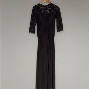 La Femme Gray Sweetheart Neckline Gown with 3/4 Sleeves